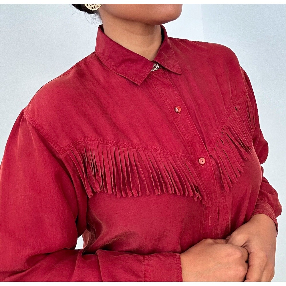 VTG Stunt Collections Womens Red Silk Fringed Western Cowgirl Blouse 80's Glam L